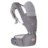 FRUITEAM 6-in-1 carrier greyish with hip seat for versatile infant-to-toddler carry.