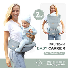 FRUITEAM 6-in-1 carrier hip-seat detail highlighting comfortable M-position seating