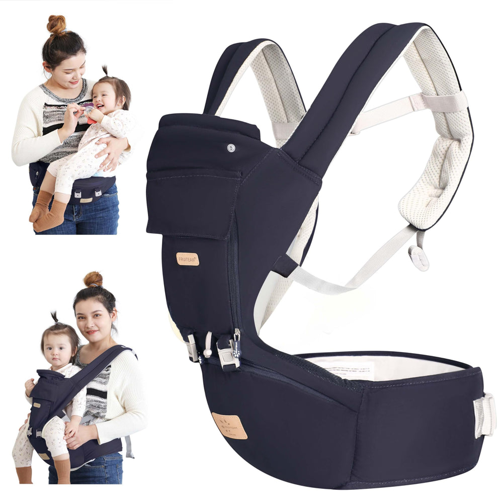 FRUITEAM 6-in-1 baby carrier navy front view for secure, all-day comfort.