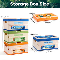 FRUSE 3-pack toy storage box folded dimensions illustrate compact under-sofa storage.