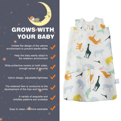 Ftikvo Colorful Zoo swaddle demonstrates safe arm and neck openings