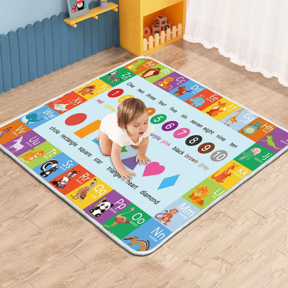 FUGWU Alphabet Play Mat shows large 50x50 inch area for generous baby play space