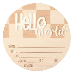 Fukaisu baby announcement sign displays Hello World birth stats for nursery decor