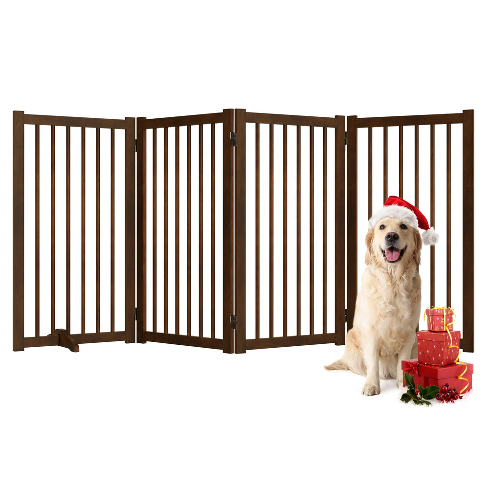 Fun Memories 36in freestanding pet gate assembled in walnut offers sturdy doorway defense
