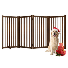Fun Memories 36in freestanding pet gate assembled in walnut offers sturdy doorway defense