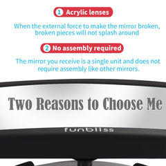 Funbliss mirror with shatterproof lens keeps baby view clear and secure on rough roads.