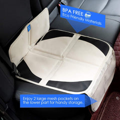 Funbliss car seat protector with organizer pockets keeps items within reach.