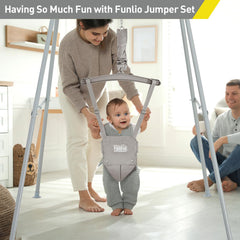 FUNLIO baby jumper seat gray with secure Velcro belt for comfy seating.