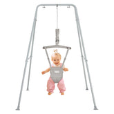 FUNLIO baby jumper stand gray shows adjustable height for growing babies.