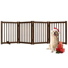 Fun Memories solid wood pet gate four-panel stairs barrier with walnut finish.
