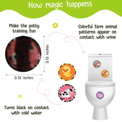 Funrous color-changing toilet targets reveal farm animals for engaging potty training.