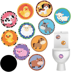 Funrous farm-animal potty-stickers-pack closeup shows color-changing targets for potty training.