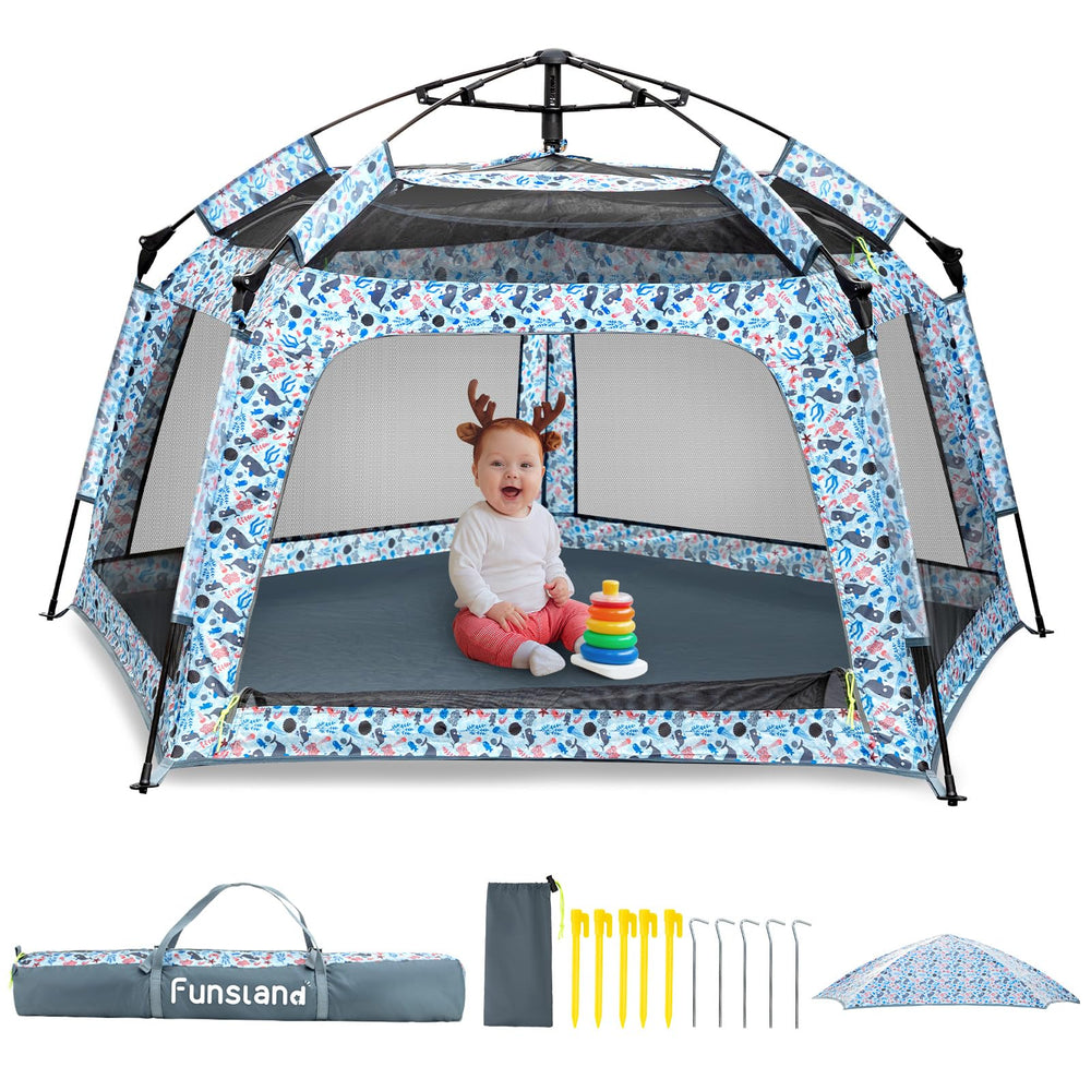 Funsland baby playpen pop-up tent ready at the beach for quick, safe playtime.