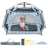 Funsland baby playpen pop-up tent ready at the beach for quick, safe playtime.