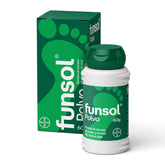 Funsol talcum powder jar close-up for soft skin and moisture absorption.