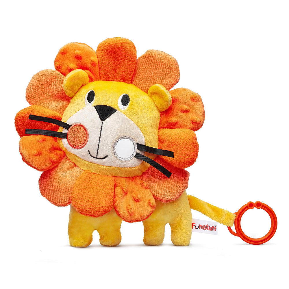 Funstuff Roary the Lion crinkle toy for baby with engaging textures for tummy time play.