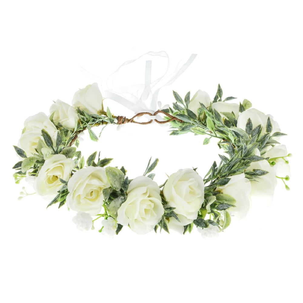 Funsveta baby flower crown white closeup showcases soft silk petals for delicate wedding photos.