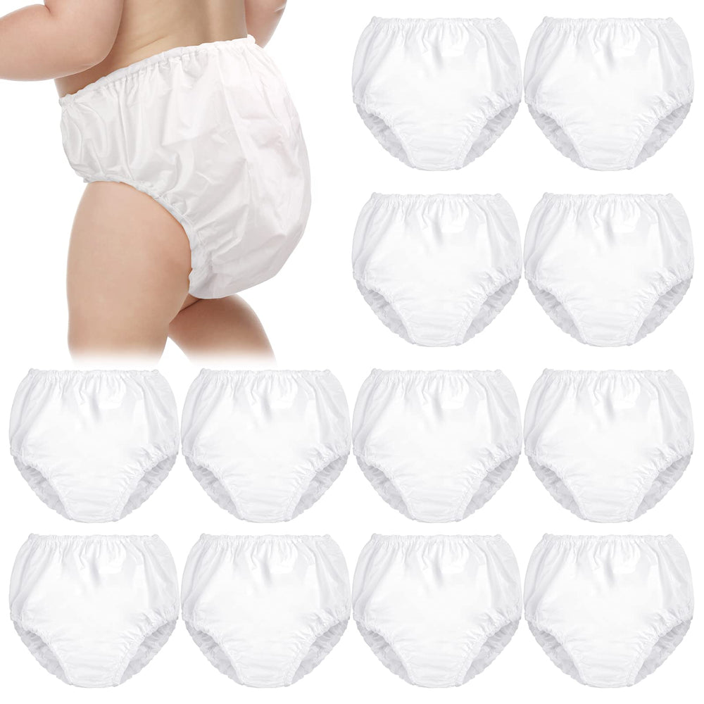 Funtery 12-pack waterproof plastic pants white packshot showing reusable toddler training pants for dry outfits