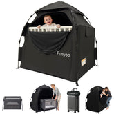 Funyoo blackout pop-up tent assembly view enables quick, peaceful naps for babies.