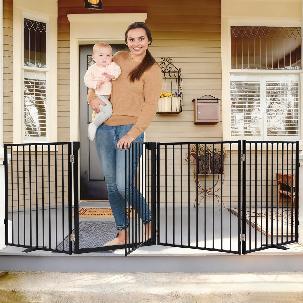 Furggis 104-inch dog gate front view shows sturdy metal frame for indoor and outdoor use.