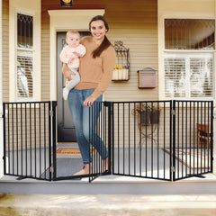 Furggis 104-inch dog gate front view shows sturdy metal frame for indoor and outdoor use.