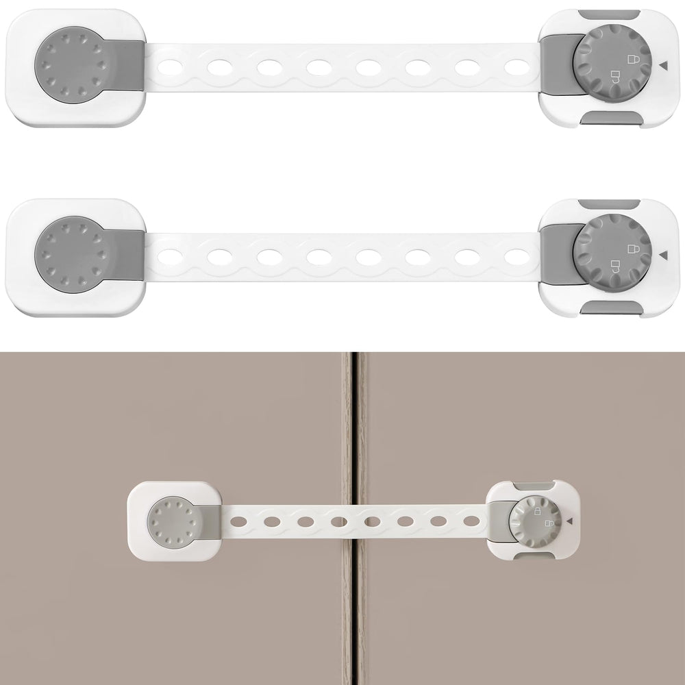 Fursafe&Q adhesive straps cabinet locks securing cabinets for childproofing.