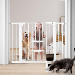 FURTIME baby gate closed with sturdy steel frame keeps kids and pets safe.