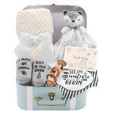 Fvntuey baby gift basket with a plush blanket showcases cozy warmth for newborns
