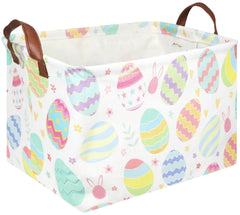 FXOCSHE Rectangular Easter basket close-up showing sturdy handles and vibrant flower egg design.