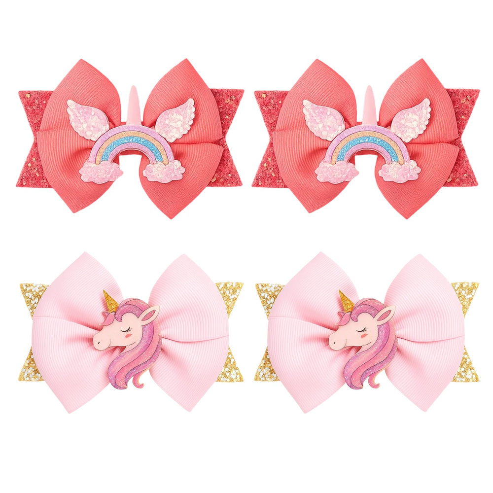Fymueth unicorn hair clips 4-pack with glitter unicorn and rainbow bows for party-ready hairstyles.