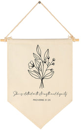 FYSIA botanical wall art canvas pennant banner with Proverbs 31:25 for nursery decor.