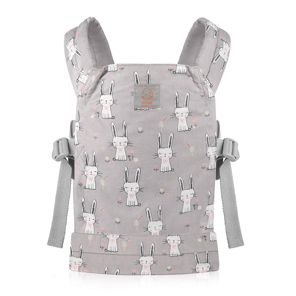 GAGAKU baby doll carrier gray rabbit front view shows comfortable carry for up to 22-inch dolls
