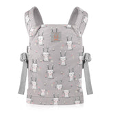 GAGAKU baby doll carrier gray rabbit front view shows comfortable carry for up to 22-inch dolls