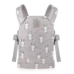 GAGAKU baby doll carrier gray rabbit front view shows comfortable carry for up to 22-inch dolls