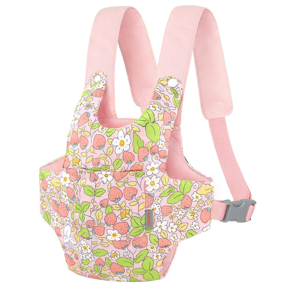GAGAKU baby doll carrier pink strawberry shows soft cotton for comfortable pretend play.