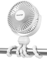 Gaiatop mini clip-on fan shown on stroller clip for cooling during outings
