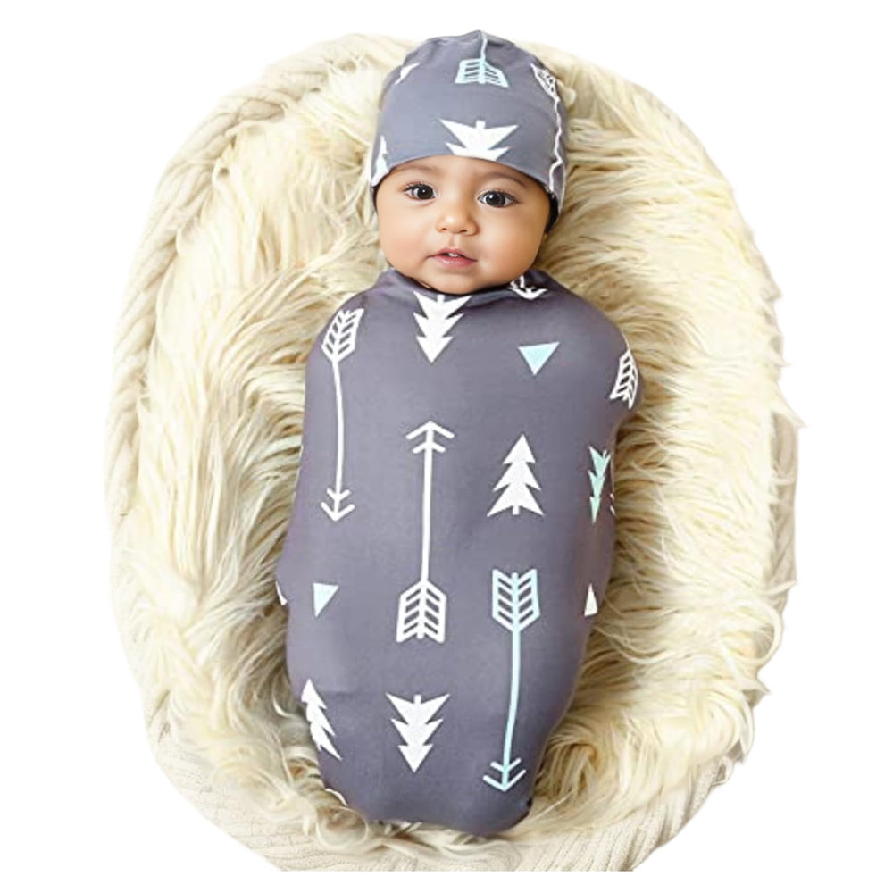 Galabloomer newborn swaddle blanket in gray arrow pattern offering gentle wrap option.