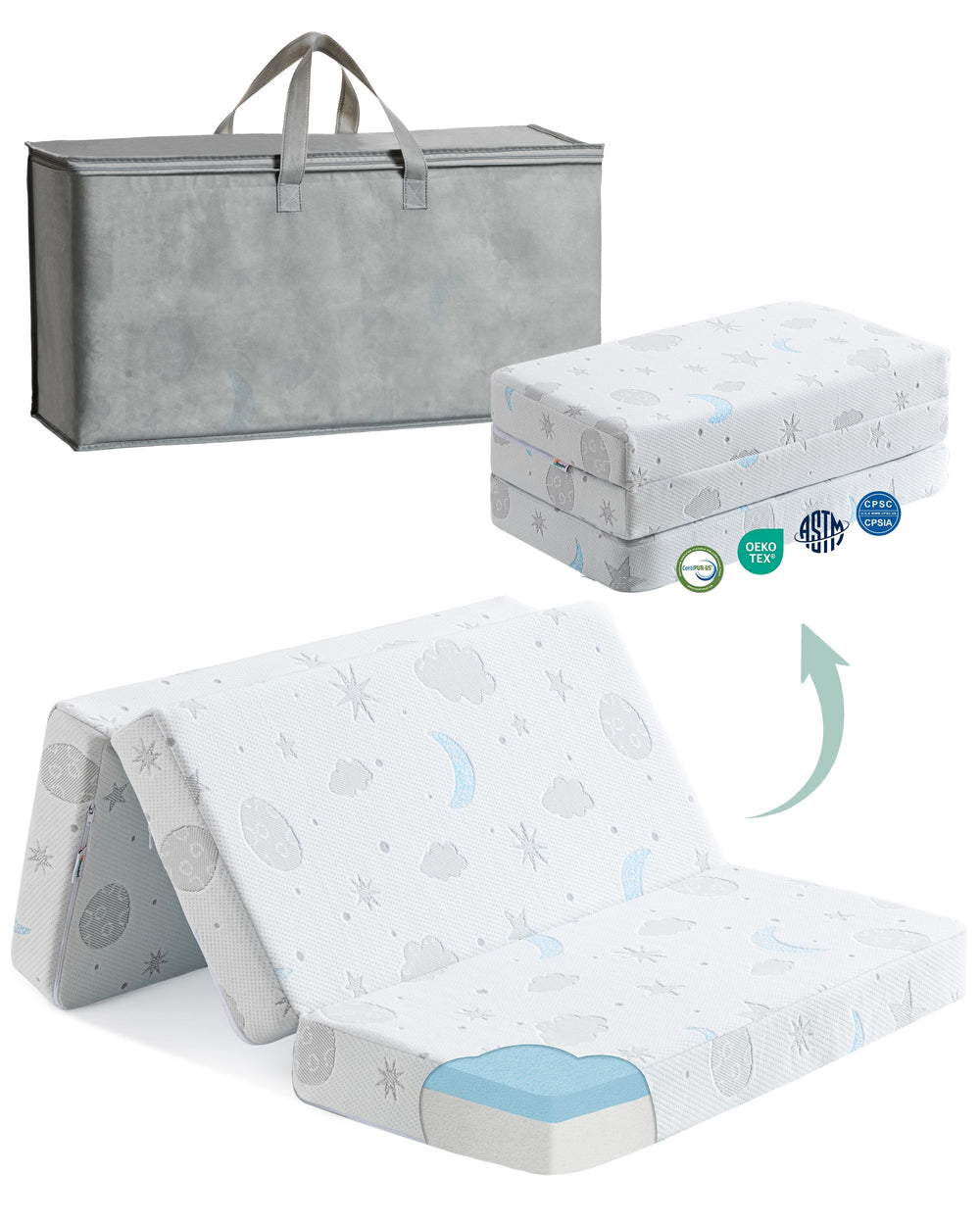 Ganondorf Trifold Mattress pattern closeup showcasing serene cosmos jacquard design enhances baby's sleep ambiance.