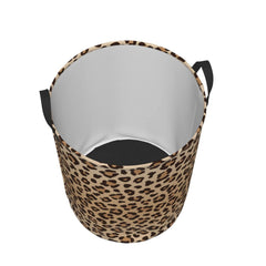 Gbuzozie leopard-print round laundry hamper open with contents illustrating easy loading