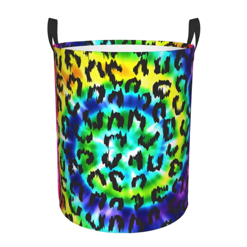 Gbuzozie leopard round laundry hamper front view, rainbow tie-dye, 38L capacity for family laundry.