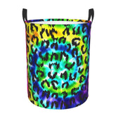 Gbuzozie leopard round laundry hamper front view, rainbow tie-dye, 38L capacity for family laundry.