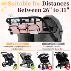 GDNasist double stroller organizer front view showing cup holders and accessible storage.