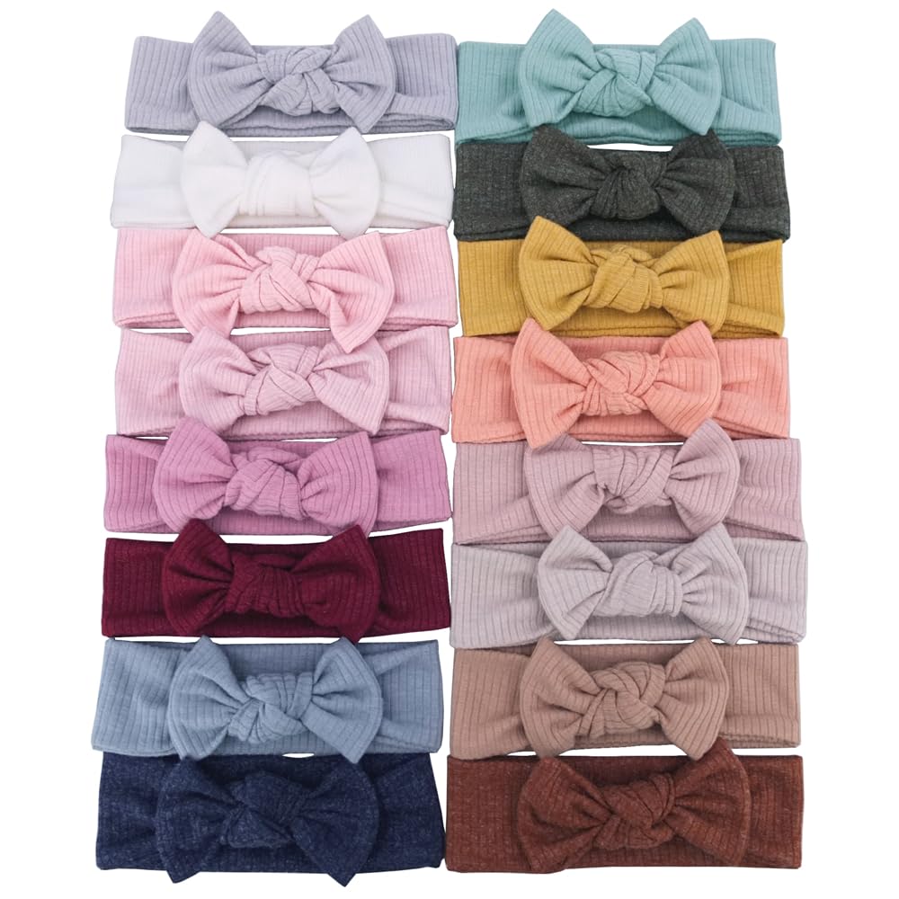 Gebelle 16-pcs soft knot headbands in assorted colors for newborns and toddlers.