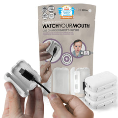 Geddy's Mom Watch Your Mouth protector closeup white, BPA-free, keeps USB tips out of kids' reach.