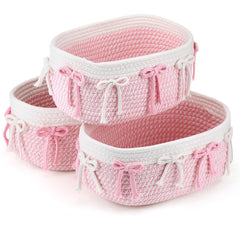 Geelin pink bow baskets set of 3 on a shelf for organized storage