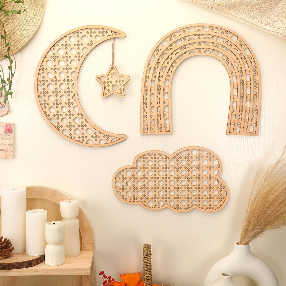 Geetery Boho wooden rainbow nursery ornaments add a dreamy focal point for a crib area.