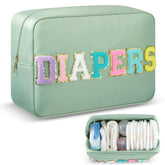 Geetery diaper caddy with sage-green chenille patch keeps baby essentials neatly organized