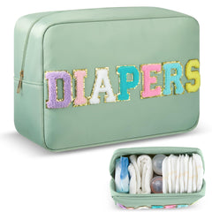 Geetery diaper caddy with sage-green chenille patch keeps baby essentials neatly organized