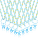 Geiserailie blue pacifier necklaces for baby shower table decor.