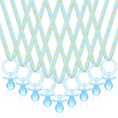 Geiserailie blue pacifier necklaces for baby shower table decor.